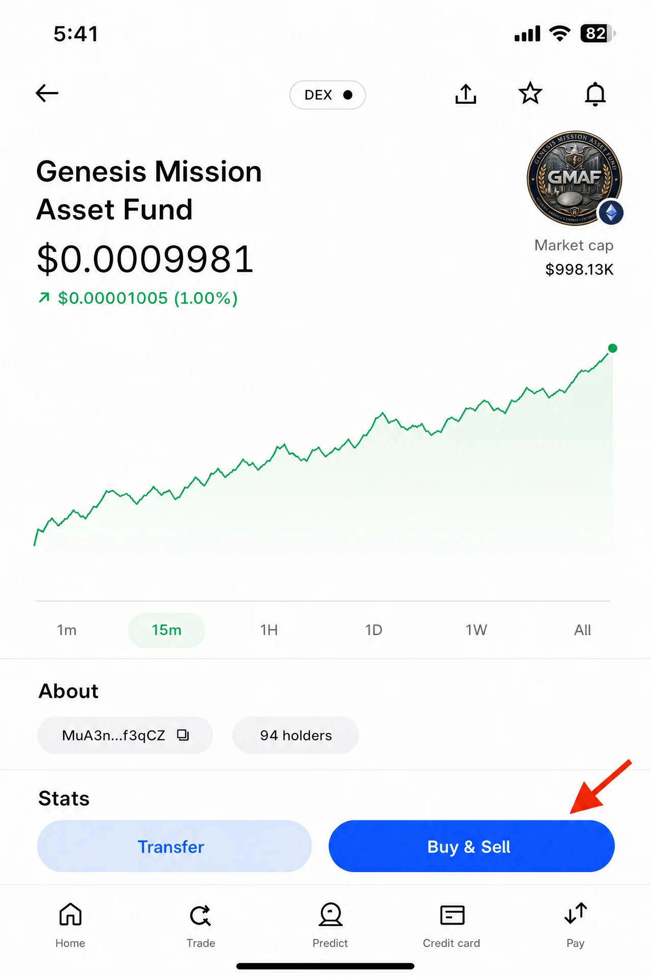 Coinbase app showing the Genesis Mission Asset Fund token page with the Buy and Sell button
