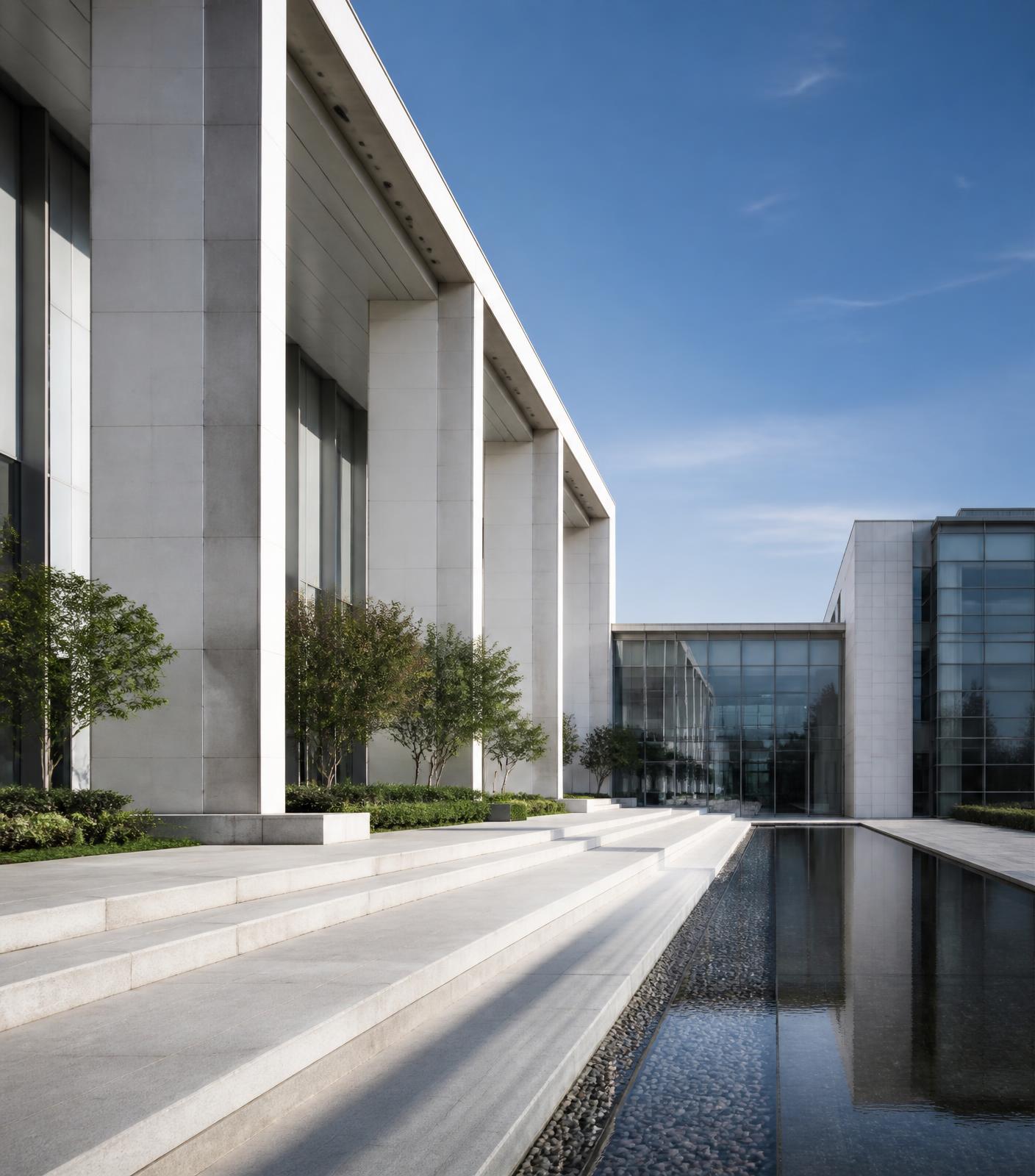 Minimalist research institute architecture with a reflecting pool